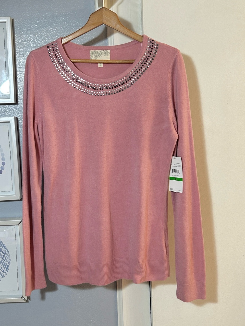 Debbie Morgan Women’s Rose Pink Embellished Crewneck Long Sleeve Sweater Size L